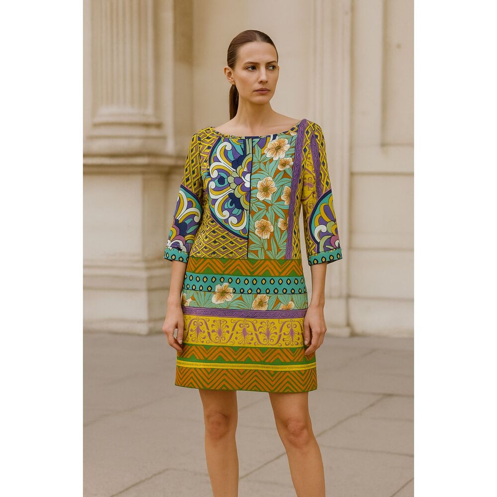 Hale Bob Long Sleeve Contrasting Print Shift Dress S NWOT